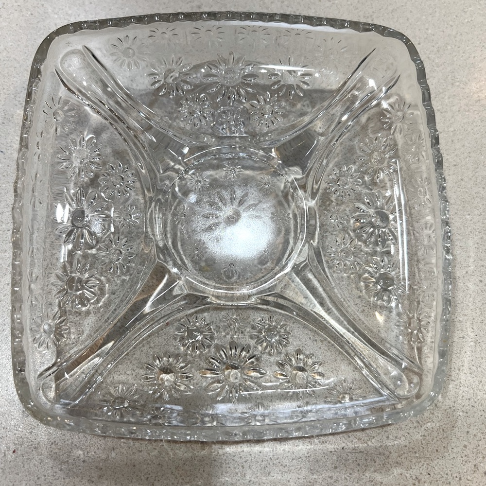 Hazel Atlas pattern 129 Vintage Mid 20th century Floral Divided Sq cl Glass tray